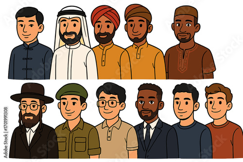 Diverse group of men vector character set. Multicultural people from different cultures, religions, and professions. Jewish, Arab, Sikh, Muslim, Asian, African American man.