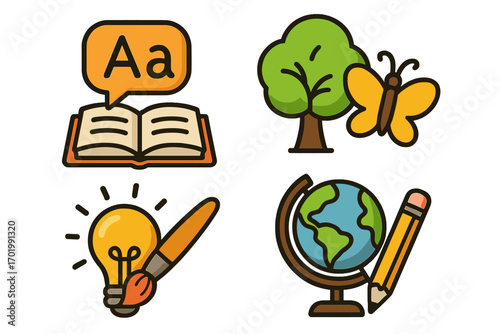 Education icon collection. School subjects illustration. Learning concepts for language, nature study, creativity, and geography. Vector cartoon graphic for back to school.