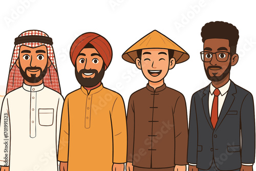 Diverse group of men. Multicultural cartoon characters. Arab, Indian Sikh, Asian, and Black businessman. Global community and business team vector illustration. Unity concept.