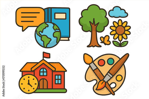 Educational icon set for school subjects. Vector cartoon concepts for learning, creativity, art, science, nature, geography, and language. Knowledge and study symbols pack.