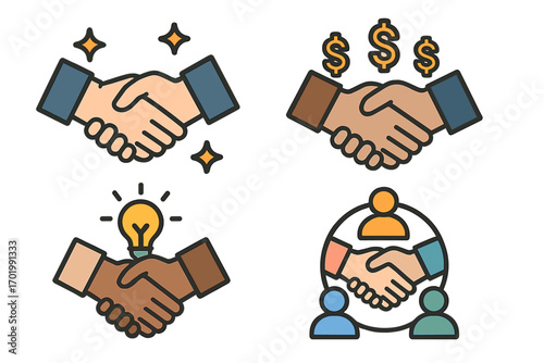 Handshake icon set vector illustration. Diverse hands shaking for business agreement, financial deal, innovative idea, and teamwork. Partnership, collaboration, and success concept.