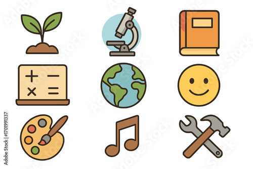 School subjects icon set. Education and learning concept. Science, biology, art, music, math, geography, literature. Knowledge pictogram collection. Flat cartoon vector illustration.