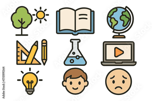 Education icon set. School subject learning collection. Science, geography, math, art. E-learning video lesson. Nature, emotion, idea. Flat cartoon vector illustration.