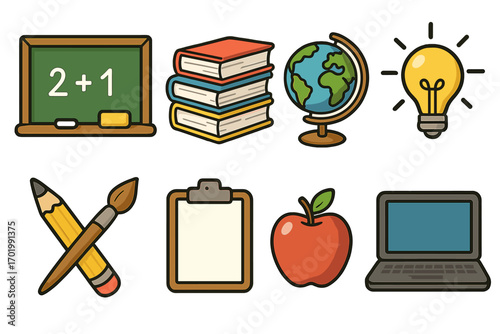 Educational icons set for learning and creativity. School supplies and classroom elements. Vector cartoon illustration of chalkboard, book, globe, lightbulb, and laptop.