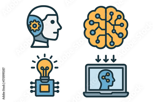 Artificial intelligence icon set. Machine learning, deep learning, neural network concepts. Robot head, digital brain, microchip idea, data processing on laptop vector pack.
