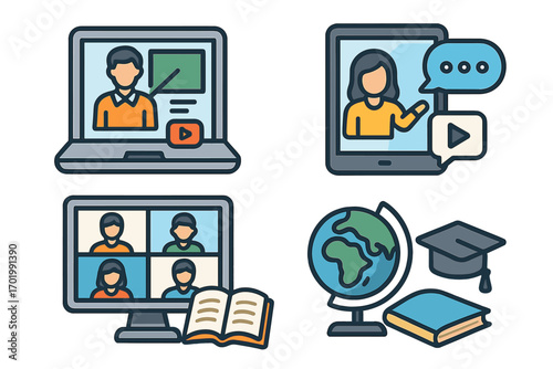 Educational technology icon set. Online learning, virtual classroom, and e-learning concept. Webinar, distance education, and digital course symbols for school or university study.
