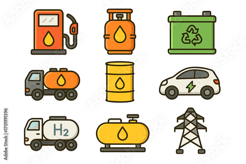 Fuel and energy vector icon set. Gas, oil, diesel, petrol pump. Green power, electric car, hydrogen H2 truck, recycle battery. Tanker, barrel, pylon. Cartoon illustration.