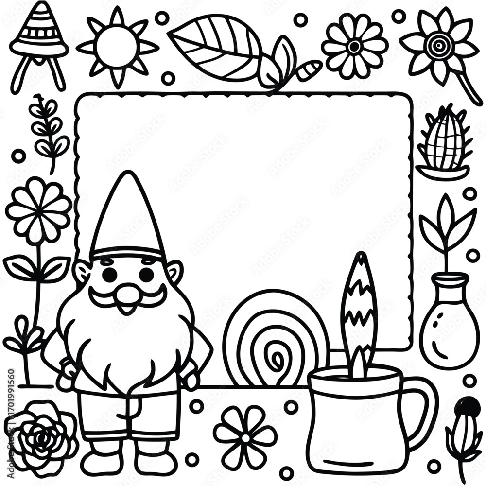 Fototapeta premium Whimsical garden gnome adult coloring border frame with flowers and nature elements 