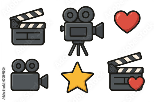 Movie production icon set. Cinema symbols collection with clapperboard, retro film camera, heart, and star. Vector illustration for filmmaking, entertainment, or video concept.