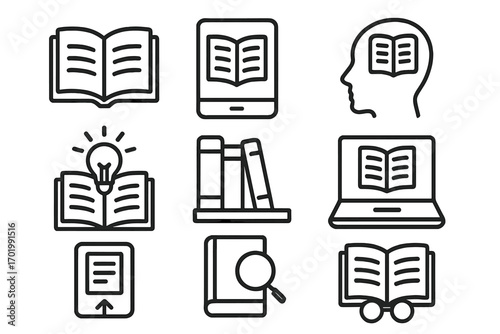 Reading icon set. Education, knowledge, technology symbols. E-learning, online course, digital library concepts. Vector line art pictogram collection for web and mobile.