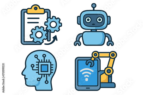 Automation and robotics icon set. Artificial intelligence, machine learning, and cyborg concepts. Vector icons for industry 4.0, smart technology, and business process.