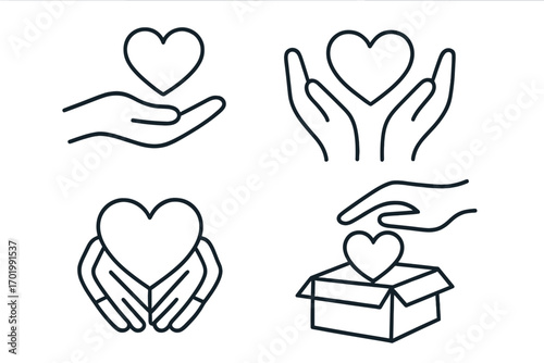 Vector line icon set for charity, donation, and volunteering. Hands giving and receiving love heart symbol. Metaphor for kindness, hope, help, and community support.