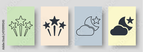 Dreamy night sky and magical star icons set, perfect for children's books and bedtime story illustrations, adding a touch of wonder to any project
