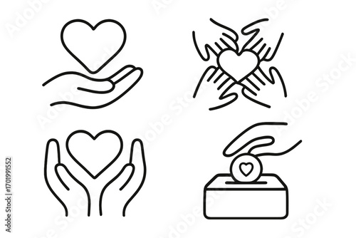 Charity and donation continuous line icon set. Community support, volunteering, and giving concept. Vector icons of hands holding heart, and money box for social help and love.
