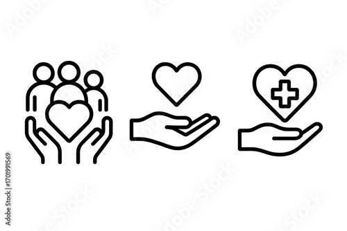 Health care, community support, donation icon set. Vector line symbols for charity, social services, family love, volunteering. Minimalist pictograms, hands holding hearts.