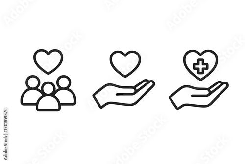 Community support and donation icon set. Charity, health services, and medical care concepts. Vector line art of people group, hand holding heart and medical cross symbol.