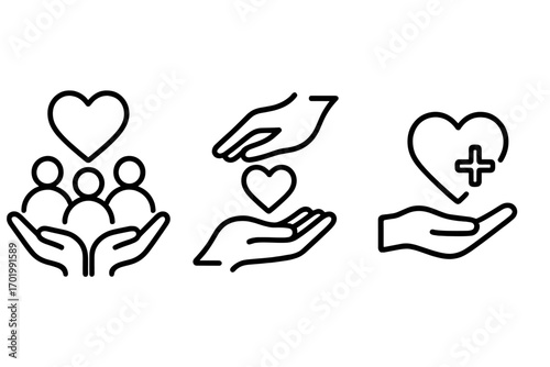 Charity and donation line icon set. Community support, health care, and social services concept. Volunteer help, love, and family care outline symbols. Vector illustration.
