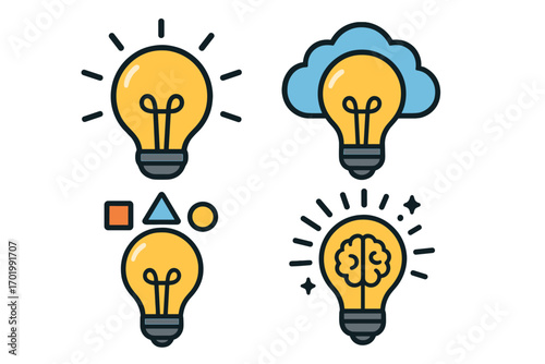 Set of light bulb icons representing creativity and innovation. Metaphors for brainstorming, brilliant ideas, and business solutions. Includes brain in a bulb, cloud computing.