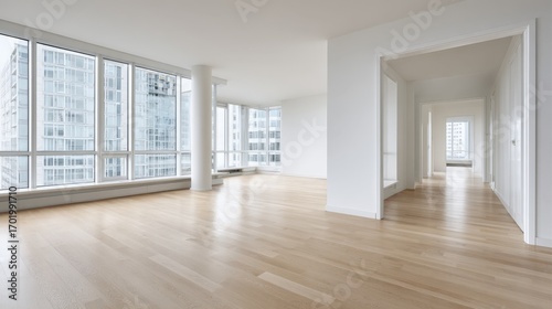 Modern Apartment Interior with Hardwood Floors and Large Windows Showcasing Cityscape Views  Abundant Natural Light