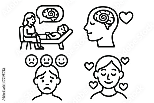 Mental health icons set. Psychotherapy session for depression, mood disorder. Psychology concept. From sad to happy emotion. Brain clarity and self-love. Vector line art.