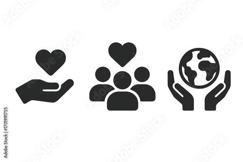 Social responsibility icons set. Charity, donation, and volunteering concept. Community support, teamwork, and global awareness. Vector illustration for ecology and humanity care.
