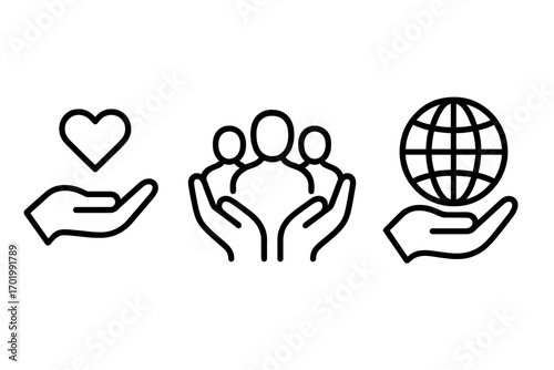 Social responsibility icon set. Minimalist line art for community support, global awareness. Vector symbols of charity, donation, help, care, solidarity, and humanity.
