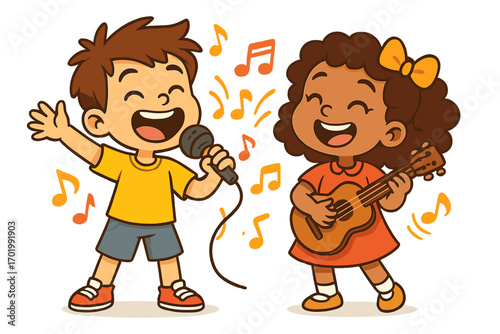 Two happy kids singing and playing music. Cartoon boy with microphone and girl playing guitar in a duet. Concept of friendship, fun, talent show, and musical education. Vector.