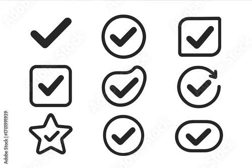 Check mark icon set. Tick symbols for approval and validation. Minimalist vector design. Correct sign for yes, vote, ok, success, confirm, verified. Quality check icons.