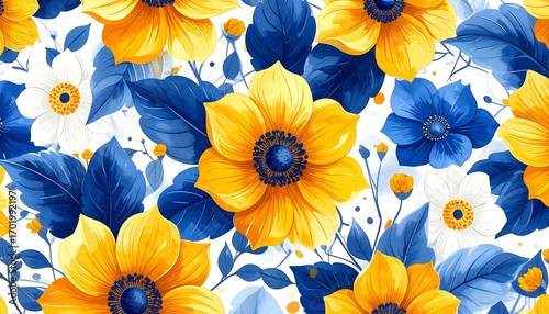 Wallpaper Mural A vibrant floral pattern design featuring large, bold yellow and blue flowers on a white background. Torontodigital.ca