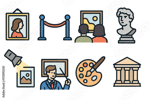 Art gallery icon set. Museum exhibition collection. Culture and history symbols. Painting, sculpture, curator, visitors. Artist palette, classical building. Vector icons.