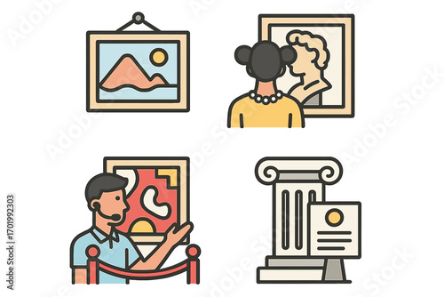 Art gallery and museum exhibition icon set. Vector icons of visitor, tour guide, paintings, and sculpture. Minimalist design for cultural, historical, and artistic concepts.