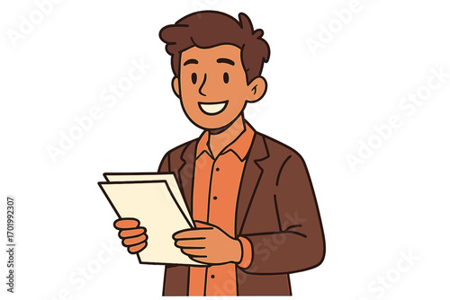 Smiling businessman holding documents. Happy young professional, manager or office worker with report or contract. Confident employee vector cartoon character illustration.
