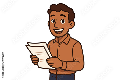 Happy cartoon man holding documents. Smiling businessman reading a report or contract. Successful student with good news. Office worker character vector illustration.