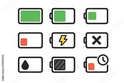 Battery charge level indicator icons set. Full, half, low and empty power status for mobile phone or device interface. Charging, error and energy level vector symbols.