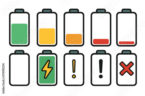 Battery icon set. Charge level indicator collection. Full, low, empty, charging, and error status for mobile phone or electronic device. Vector symbol illustration graphic.