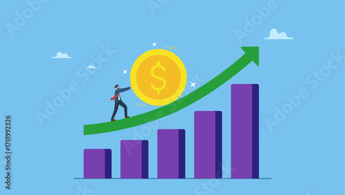 Businessman push money coin up exponential graph. Compound interest exponential growth, investing earning profit, wealth management or savings, pension fund growing in long term investment.