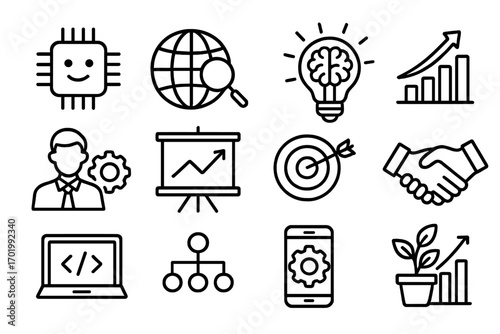 Business and technology icon set for digital marketing and startup growth. Includes AI, SEO, data analysis, strategy, and development symbols. Outline vector illustration.