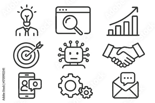 Vector icon collection for business strategy and digital marketing. Line icons for SEO, AI, growth chart, target goal, innovation idea, partnership handshake, and communication.