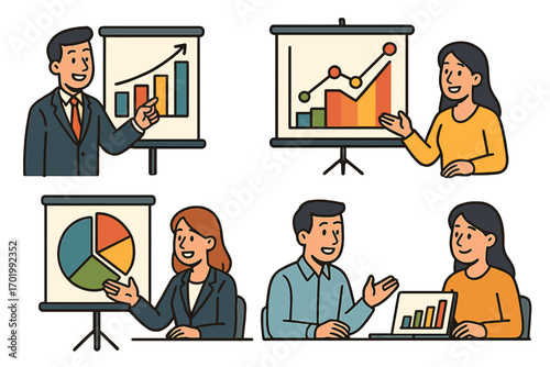 Business presentation vector icon set. People in corporate meeting discussing data analysis. Man and woman presenters with charts, graphs for infographics. Teamwork, growth.