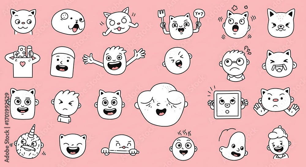 A Whimsical Collection of Hand-Drawn Cartoon Faces Expressing Diverse Emotions A Whimsical Collection of Hand-Drawn Cartoon Faces Expressing Diverse Emotions