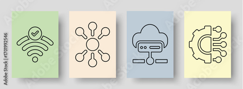 Explore a collection of icons illustrating data security, network communication, cloud computing, and system processing in a modern, minimal style for technology solutions
