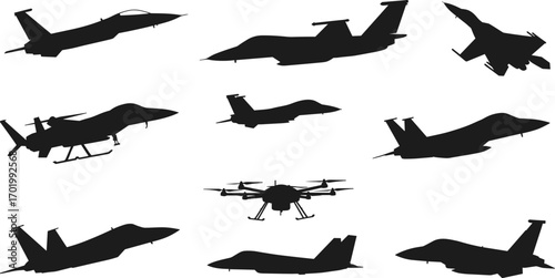 Military fighter jet silhouettes, modern warplane illustration, combat aircraft design, drone vector graphic, aviation technology artwork, airplane shadow set, defense aircraft