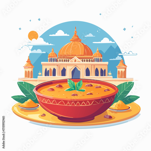 Bowl of Haleem with Turmeric and Mint by Mosque at Sunset