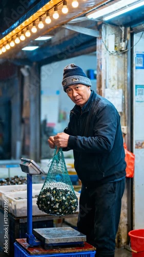 Dedicated Vendor Weighs Freshly Harvested Clams at a Vibrant Local Seafood Market
