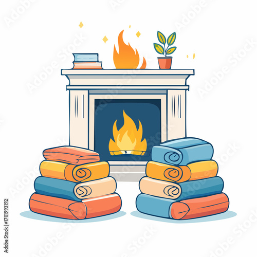 Cozy Fireplace Scene With Stacked Blankets and Lit Fireplace