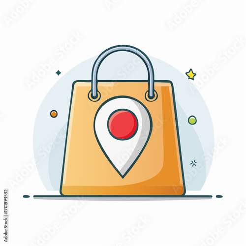 Yellow Shopping Bag With Location Pin Icon On Light Blue Background