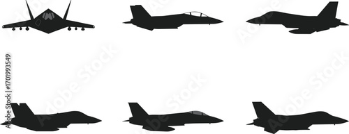 Military jet fighter silhouette vector, modern warplane aircraft illustration, combat airplane shadow design, aviation defense artwork, airforce jet plane graphic