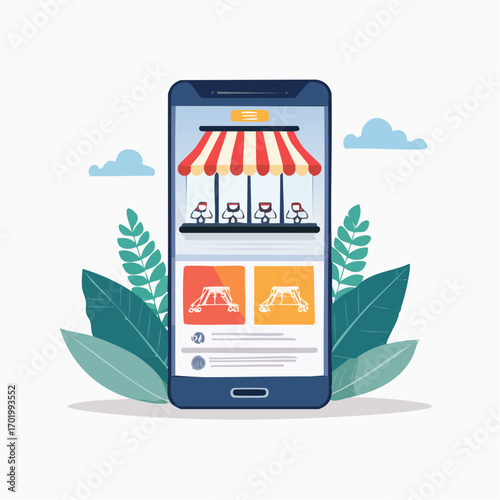 Online Restaurant Menu On Mobile Phone With Green Leaves And Clouds