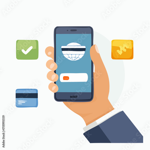 Hand Holding Smartphone For Mobile Payment With Security Icons