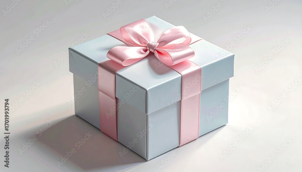 Obraz premium A light gray gift box is beautifully adorned with a delicate pink ribbon and bow, creating a serene and celebratory atmosphere.